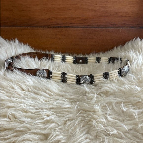 Tan Leather Beaded Belt with Silver Buckle and Floral Etched Silver Cabochons main image 7